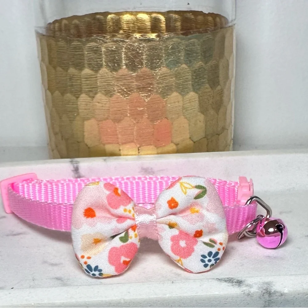 Pink and White Cat Collar with Floral Design